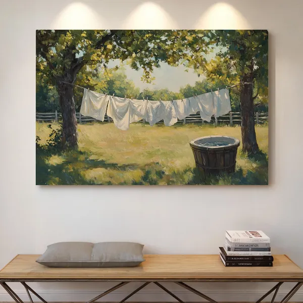 Country Clothesline Vintage Oil Painting, Art Print