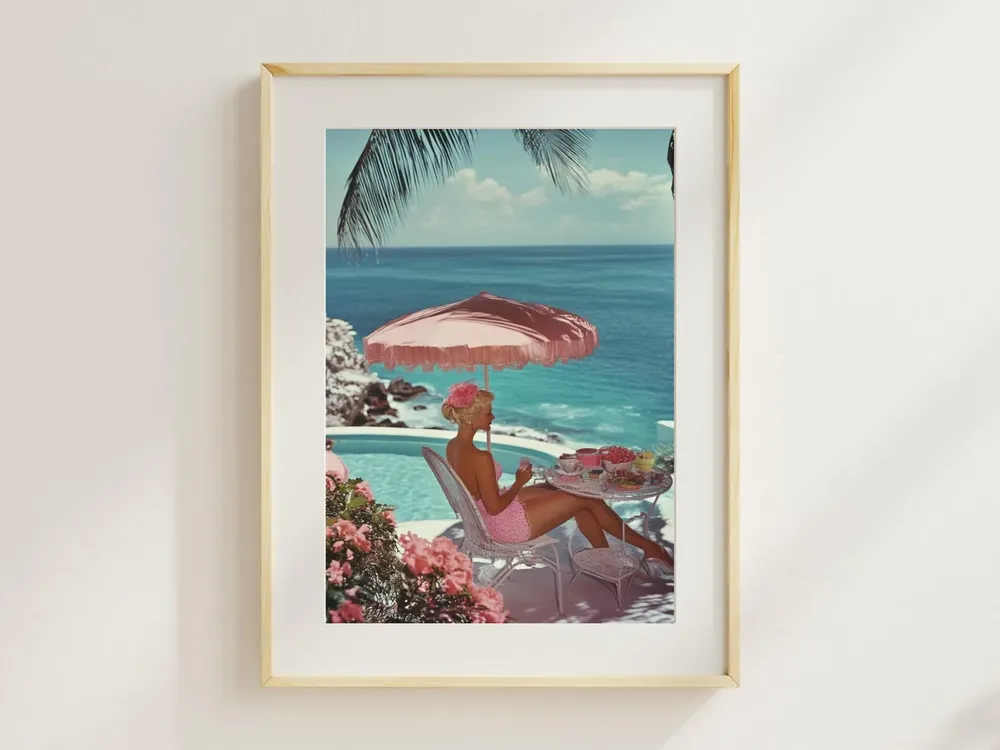 Pink Umbrella Poolside Art Print, Retro Glam Ocean View