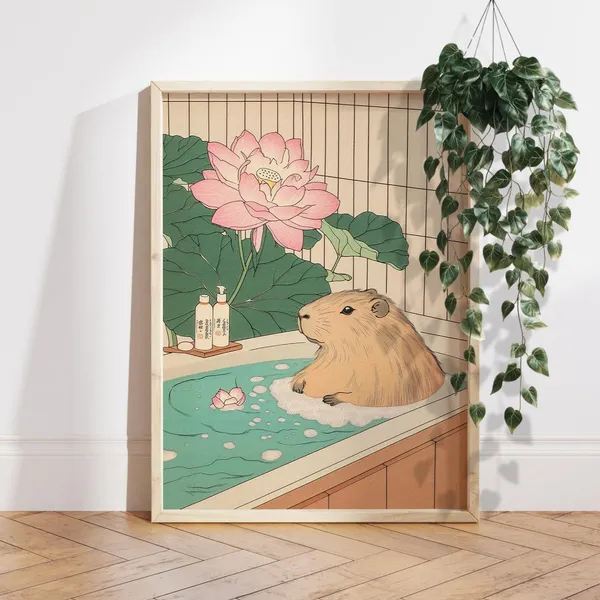 Capybara Spa Wall Art, Japanese Bathroom Decor