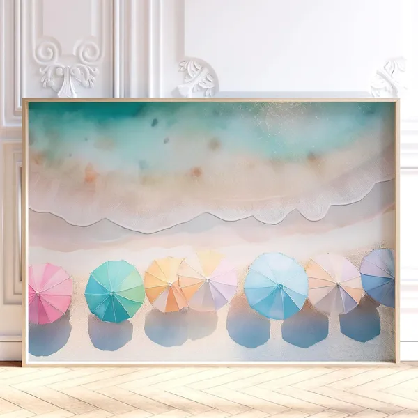 Colorful Beach Umbrella Art Print, Pastel Coastal Decor