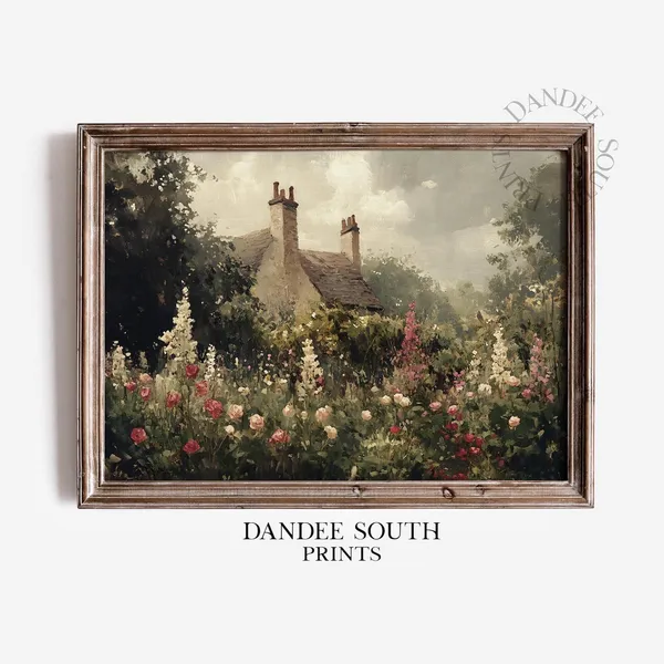 Cottage Garden Landscape Art Print, Farmhouse Floral