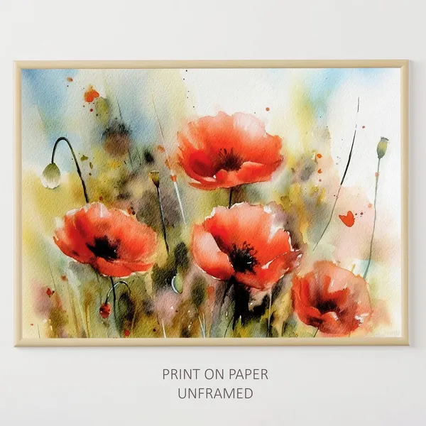 Poppy Field Watercolor Art Print, Floral Wall Decor