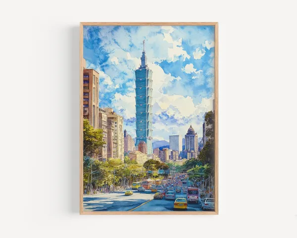 Taipei Watercolor Travel Poster, Taiwan Wall Art