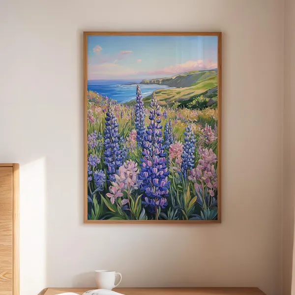 Wild Lupine Coastal Landscape Art Print, Summer Seaside