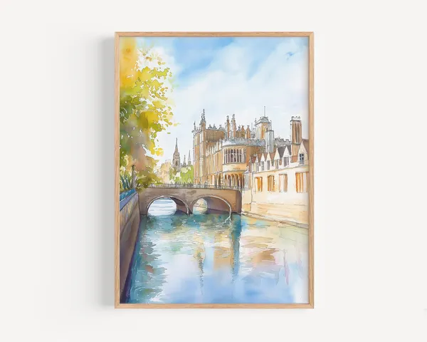 Cambridge Watercolor Painting Travel Poster Decor