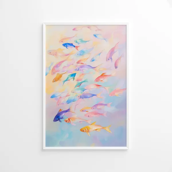 Colorful Fish School Poster, Pastel Ocean Sea Life