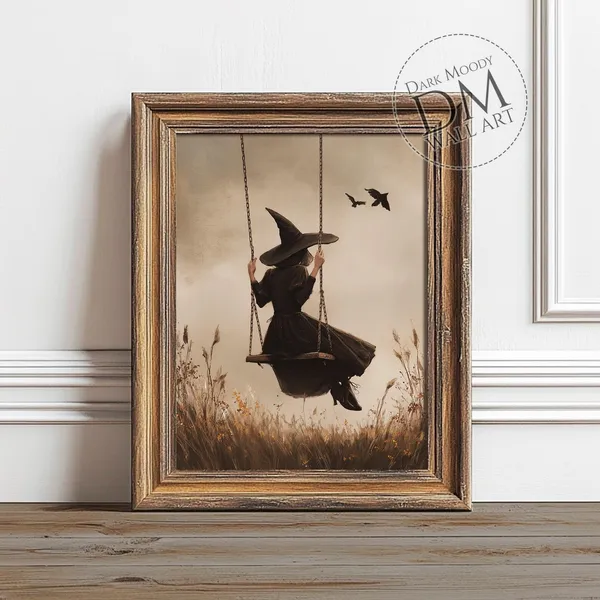 Witch On Swing, Gothic Halloween Poster