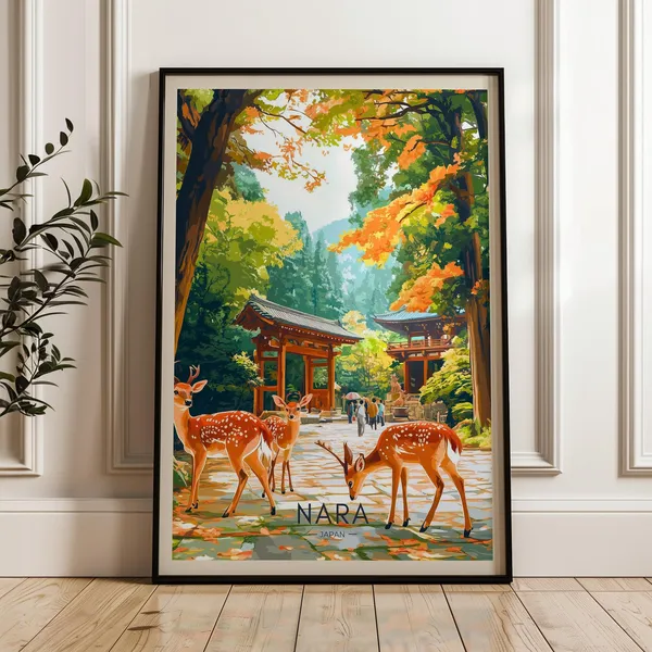 Nara Park Travel Poster, Bowing Deer Illustration