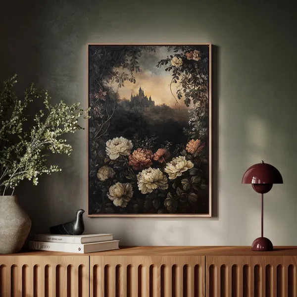 Gothic Castle Floral Art Print, Vintage Dark Academia