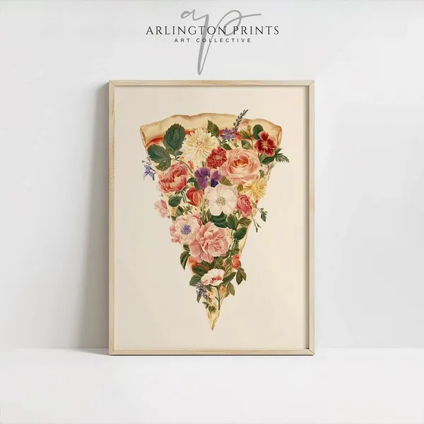 Pretty Floral Pizza Slice Art Print, Kitchen Decor