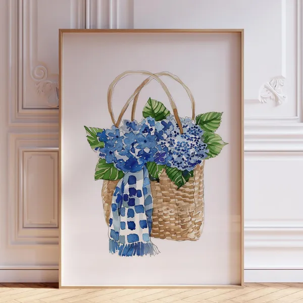 Blue Hydrangea Watercolor Floral Poster, Coastal Decor