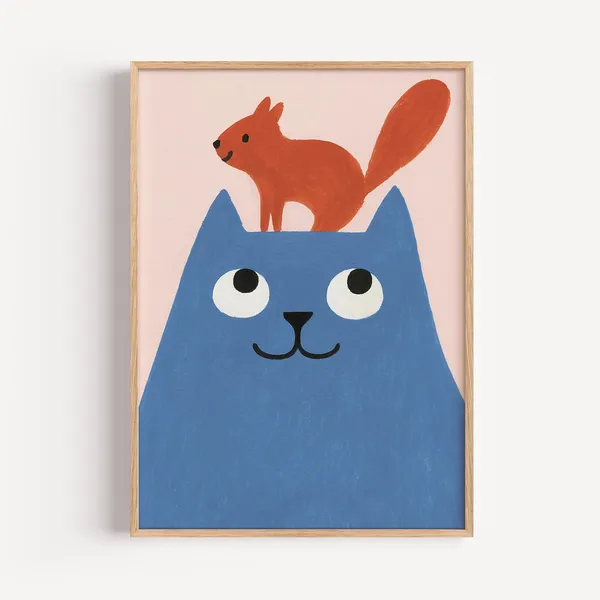 Blue Cat And Squirrel Art Print, Playful Nursery Decor