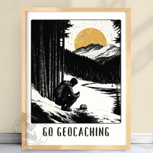 Geocaching Poster, Black White Gold Treasure Hunt