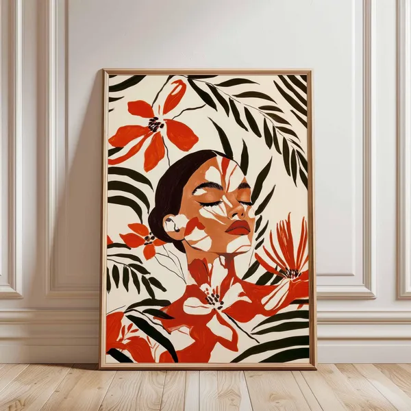 Floral Woman Portrait With Red Flowers, Botanical Art Print