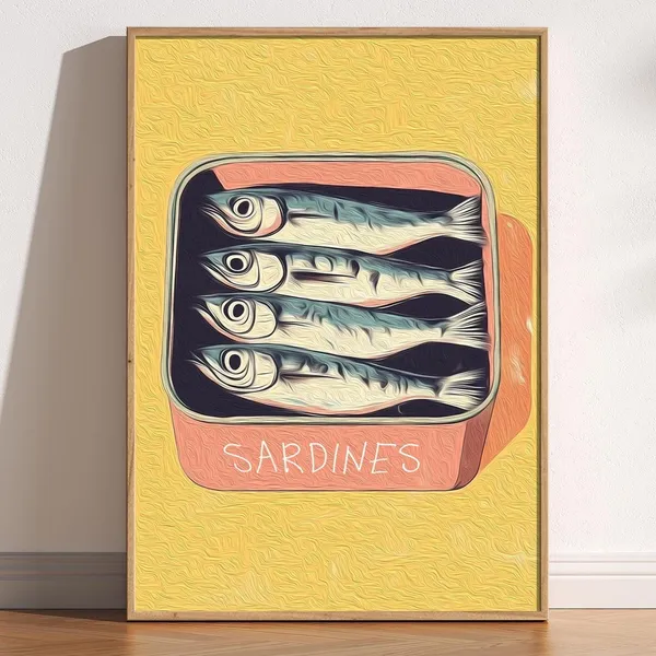 Retro Sardine Tin Fish Poster, Quirky Vintage Seafood