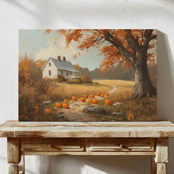 Rustic Fall Farmhouse With Pumpkins, Autumn Landscape