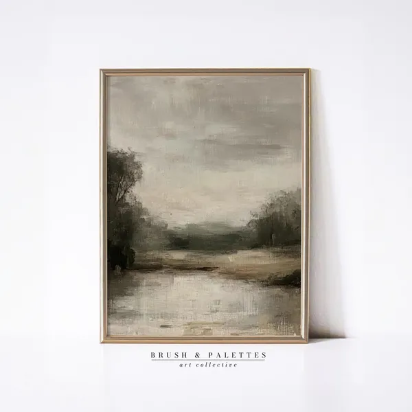 Neutral Landscape Painting, Calm River Countryside Art Print