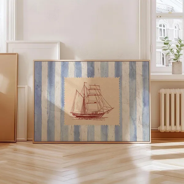 Vintage Striped Sailboat Art Print, Coastal Decor