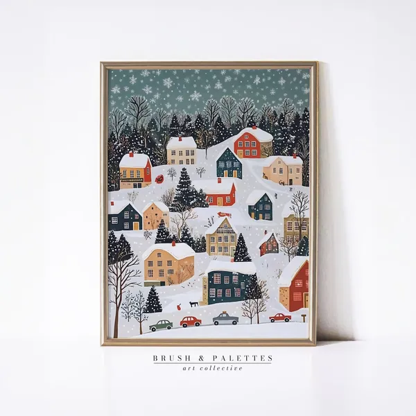 Snowy Village Winter Painting, Whimsical Holiday Town