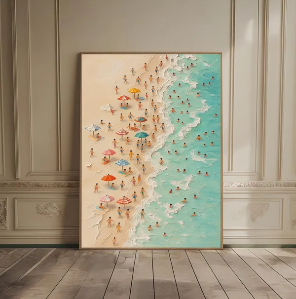 Tiny People Ocean Oil Painting, Minimalist Beach Art