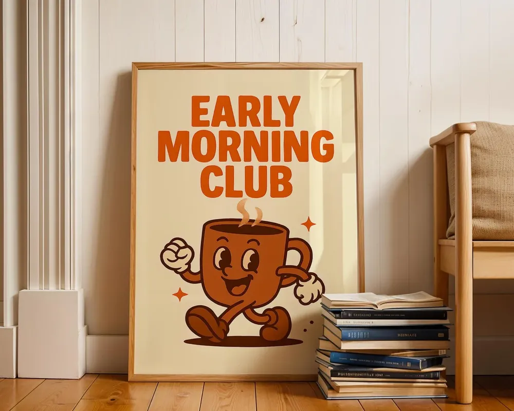 Coffee Art Print, Early Morning Club Kitchen Decor