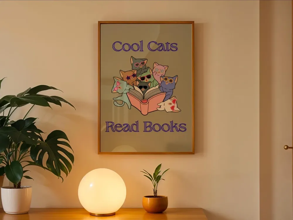 Cool Cats Read Books Poster, Fun Kitty Cat Art Print