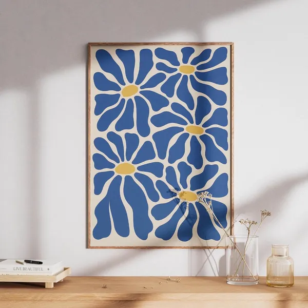 Blue Daisy Flower Art Print, Mid-Century Floral