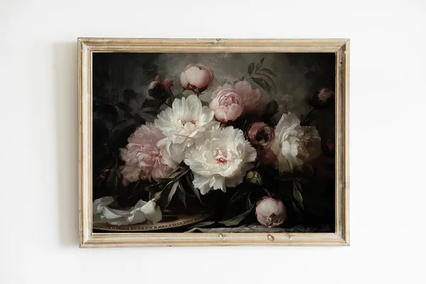 Dark Floral Still Life Painting, Rustic Botanical Art Print