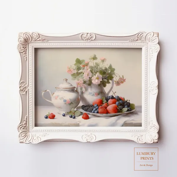 Floral Berry Teapot Vintage Kitchen Art Print
