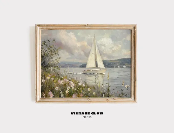 Spring Landscape Coastal Wildflowers Sailboat Art Print