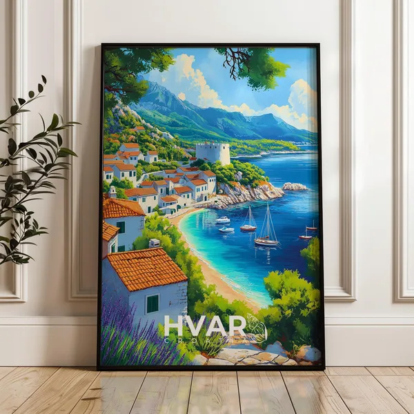 Hvar Travel Poster, Croatia Beach Illustration