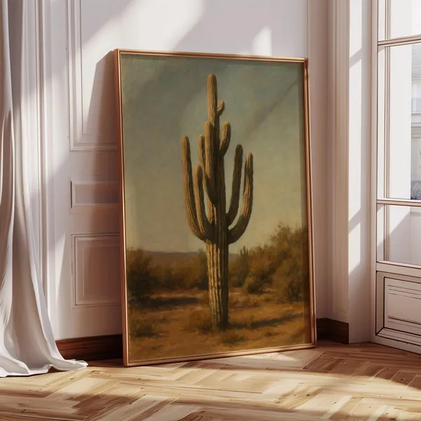 Desert Cactus Vintage Oil Painting, Southwest Landscape