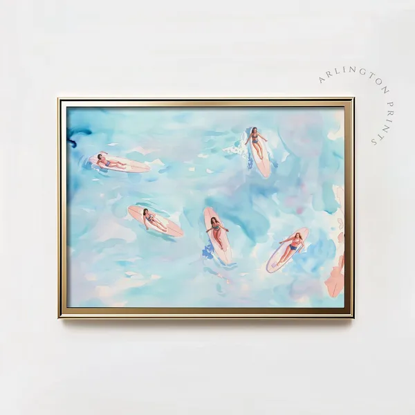 Pink Coastal Beach Surfboard Seascape Art Print