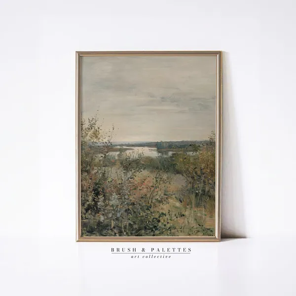 Vintage River Landscape With Trees, Country Farmhouse