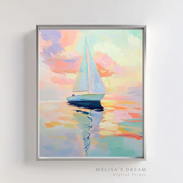 Pastel Sailboat Art Print, Nautical Coastal Seascape