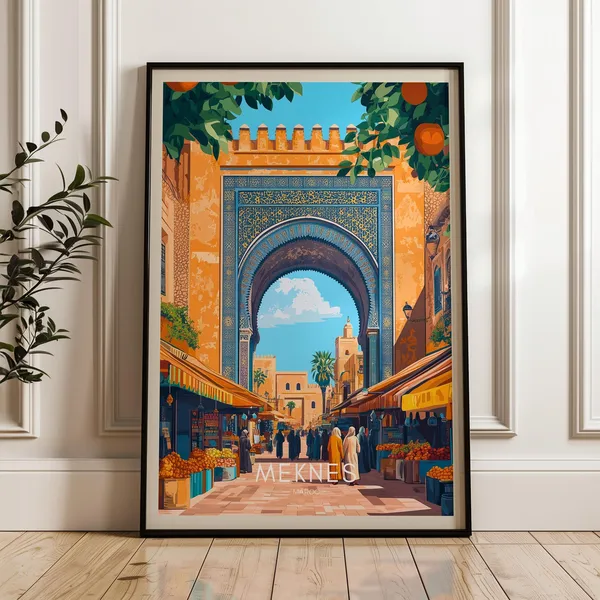 Meknes Travel Poster, Morocco African Illustration