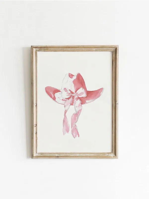 Vintage Pink Cowgirl Hat Print, Girly Western Decor