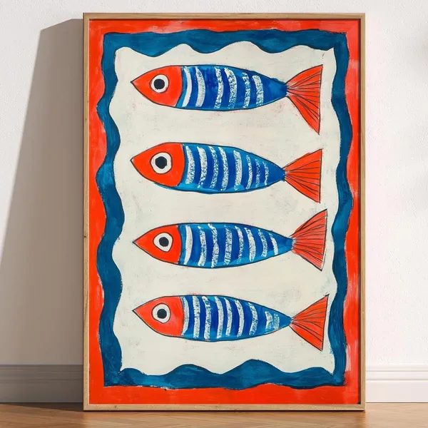 Red And Blue Sardines Fish Art Print, Coastal Kitchen Decor