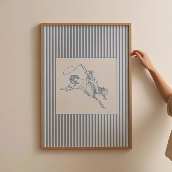 Cowboy Sketch Art Print, Grandmillennial Blue Nursery