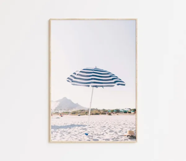 Blue Beach Umbrella Print, Amalfi Coast Travel Poster