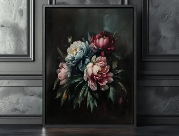 Dark Botanical Peony Vintage Flower Art Print
