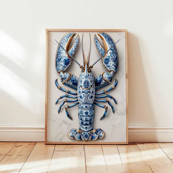 Blue Lobster Delft Porcelain Style Coastal Art Print