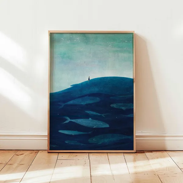 Surreal Whale Ocean Art Print, Minimalist Nature
