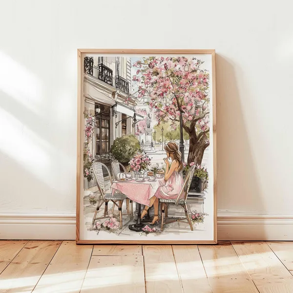 Paris Caf Spring Blossom Art Print, French Girl Illustration