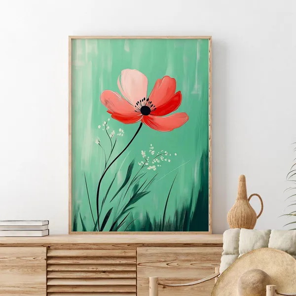 Abstract Red Poppy Art Print, Minimalist Floral Decor