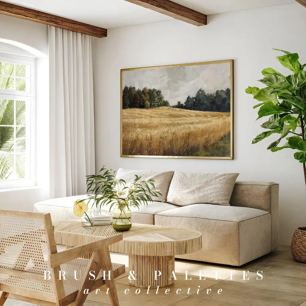 Golden Wheat Field Painting Rustic Landscape Art Print - Image 2