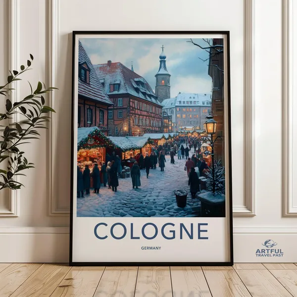Cologne Christmas Market Travel Poster, Festive Scene