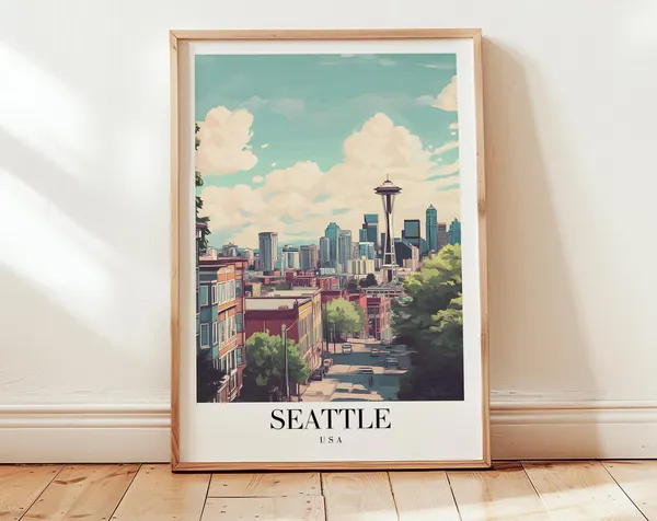 Seattle Vintage Travel Poster, Scenic Landscape Print