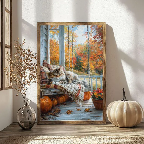 Autumn Cat on Porch Swing, Farmhouse Art Print