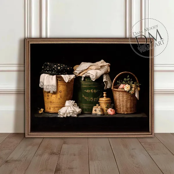Laundry Room Decor Vintage Buckets of Linens and Flowers Art Print